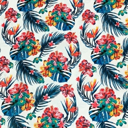 Baumwolle 100% Hibiskusblumen auf blauen Blättern auf weißem Hintergrund  