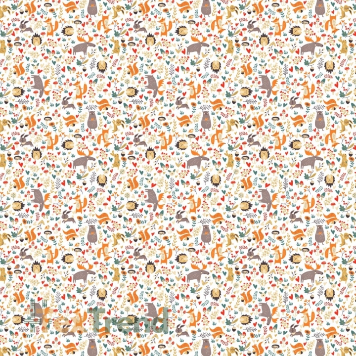 Baumwolle 100% Elche beige-orange mit Tieren auf der Wiese auf weißem Hintergrund  