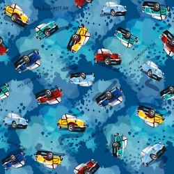 Jersey-Stoff digitaler Druck Autos auf dunkelblauem Hintergrund  