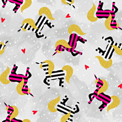 Jersey-Stoff digitaler Druck goldene Einhörner gestreift auf grauem Hintergrund  