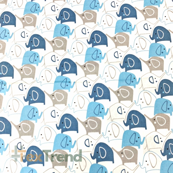 Baumwolle 100% Elefanten blau-dunkelblau auf weißem Hintergrund  