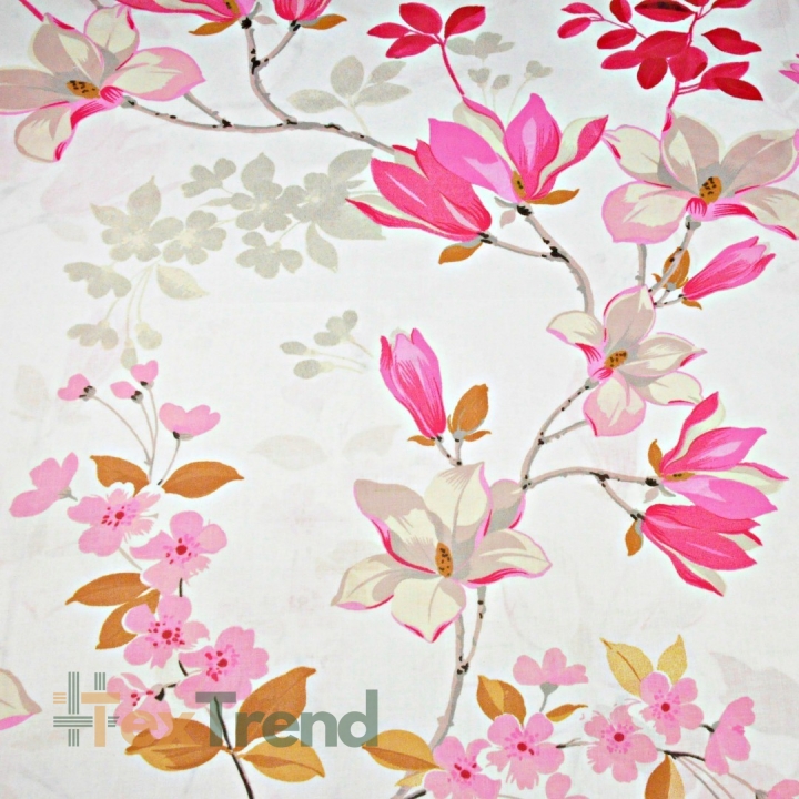 Baumwolle 100% Magnolienblüten rosa auf weißem Hintergrund - 220cm  