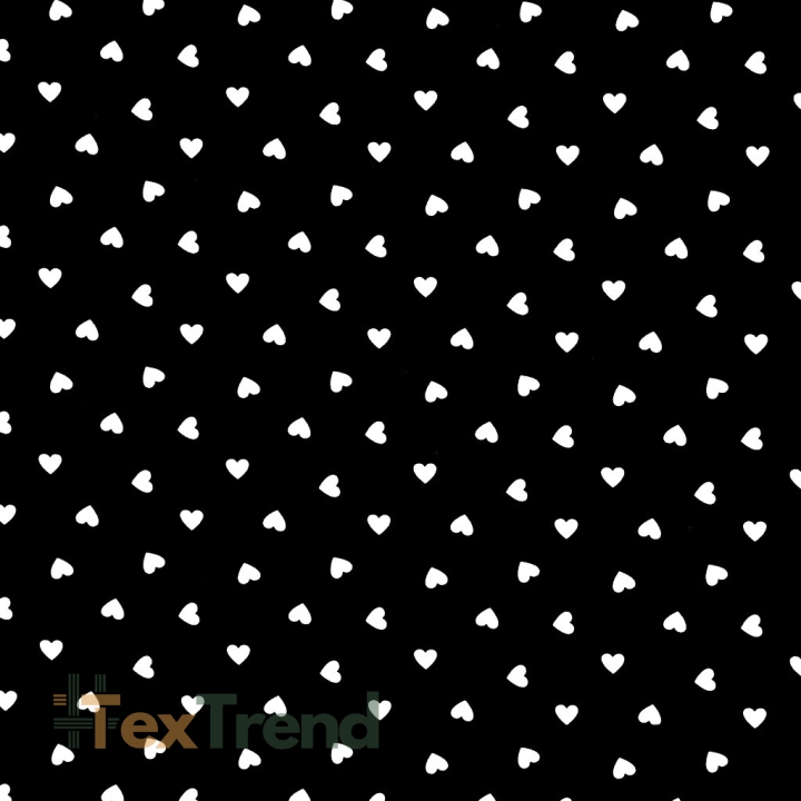 Baumwolle 100% Herzen 8mm weiß auf schwarzem Hintergrund  
