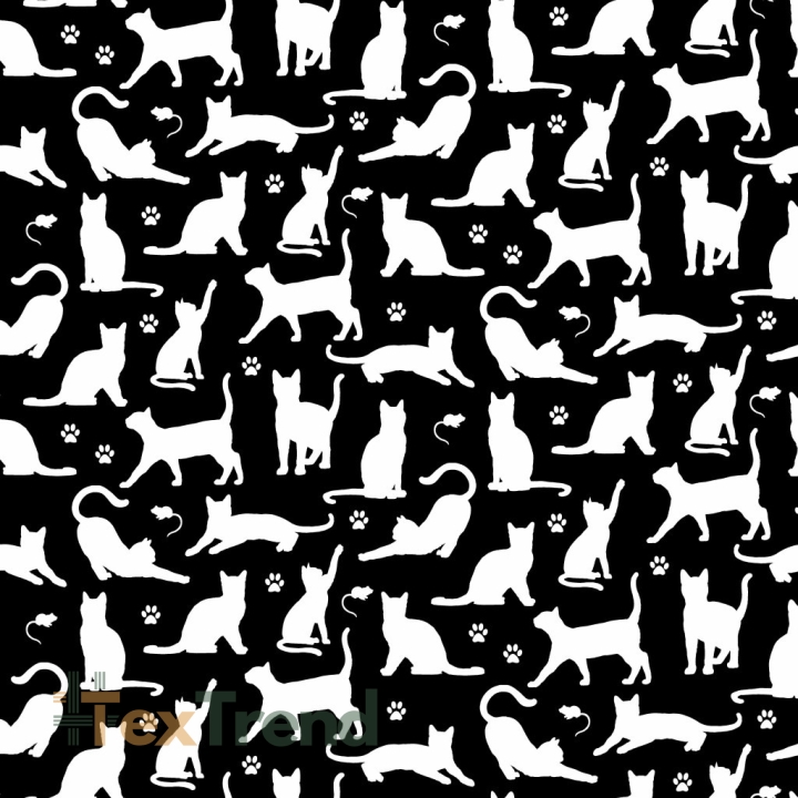 Baumwolle 100% kleine Katzenkonturen weiß auf schwarzem Hintergrund  