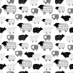 100% Baumwolle, schwarze gezeichnete Schafe auf weißem Hintergrund  