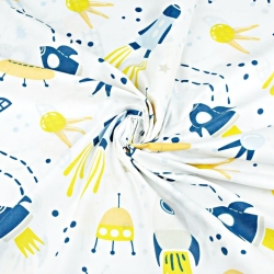 100% Baumwolle Weltraum blau-gelb auf weißem Hintergrund  