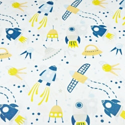 100% Baumwolle Weltraum blau-gelb auf weißem Hintergrund  