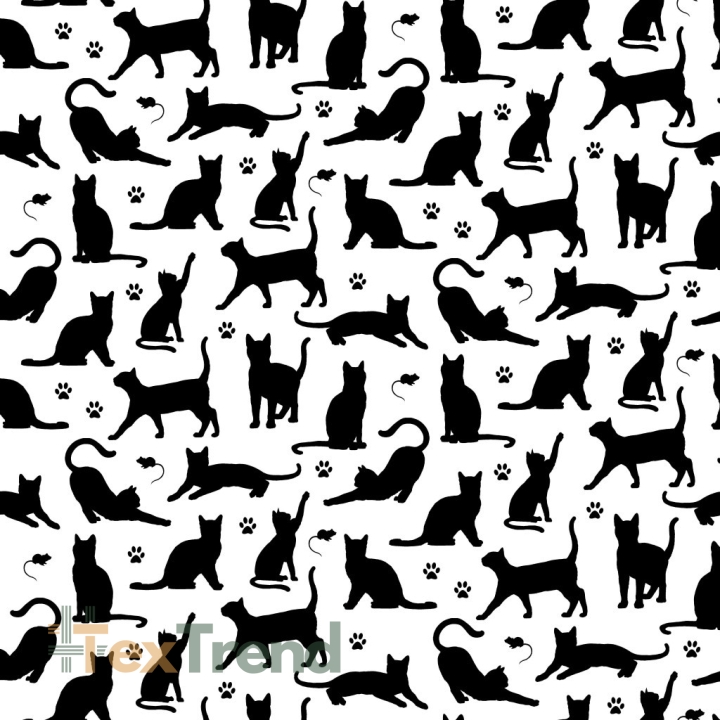 Baumwolle 100% kleine Katzenkonturen schwarz auf weißem Hintergrund  
