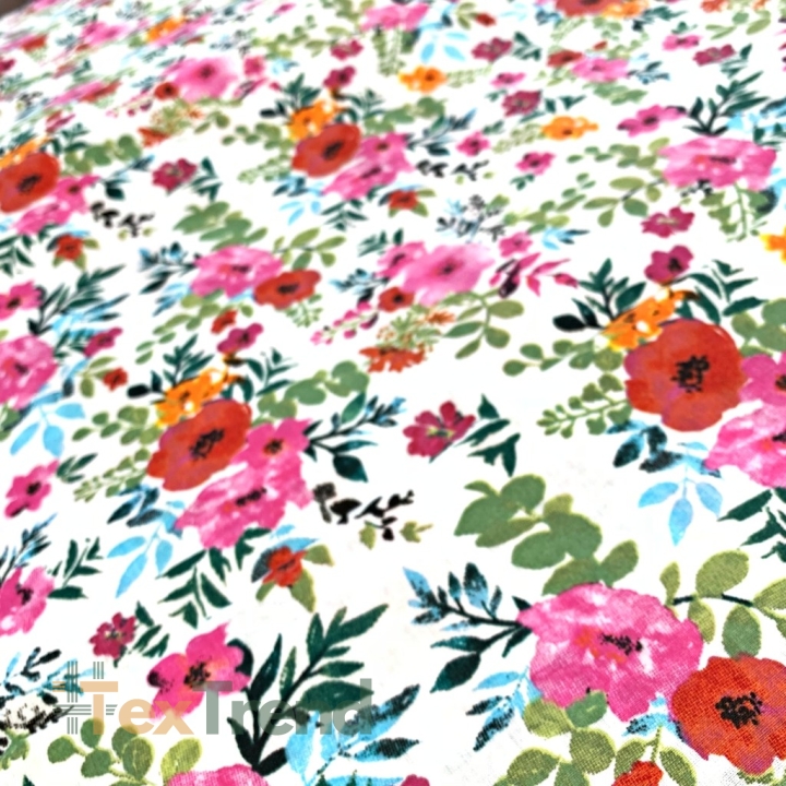 Baumwolle 100% bunte Mohnblumen auf weißem Hintergrund  