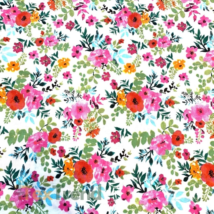 Baumwolle 100% bunte Mohnblumen auf weißem Hintergrund  