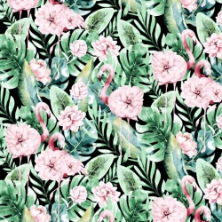 Baumwolle 100% Flamingos in Monstera-Blättern mit Blumen auf schwarzem Hintergrund  