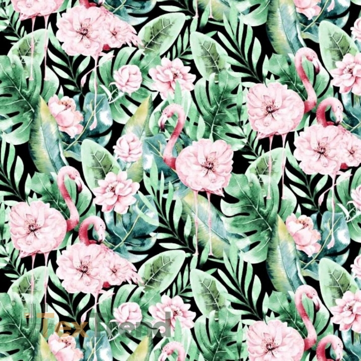 Baumwolle 100% Flamingos in Monstera-Blättern mit Blumen auf schwarzem Hintergrund  