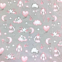 Baumwolle 100% Kuscheltiere rosa auf grauem Hintergrund  