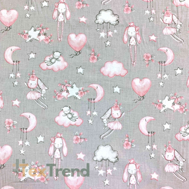 Baumwolle 100% Kuscheltiere rosa auf grauem Hintergrund  
