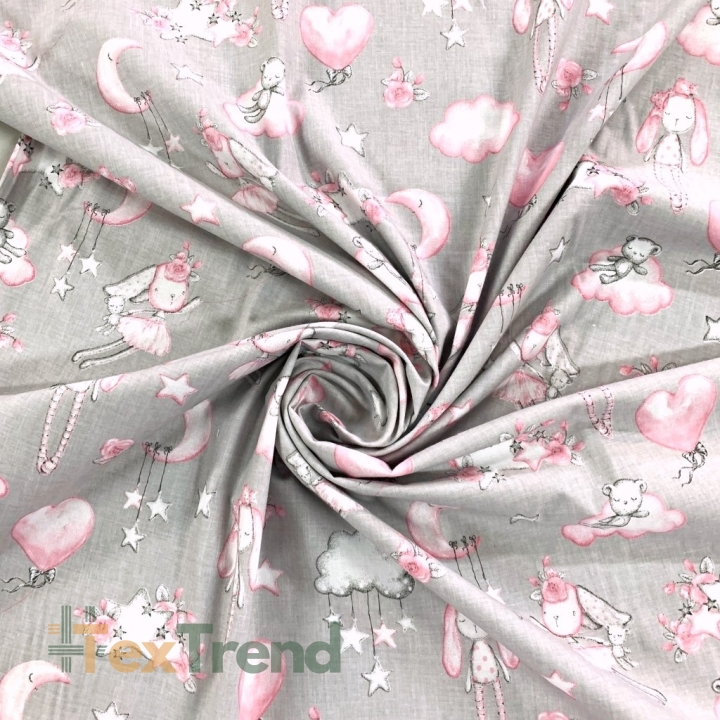 Baumwolle 100% Kuscheltiere rosa auf grauem Hintergrund  