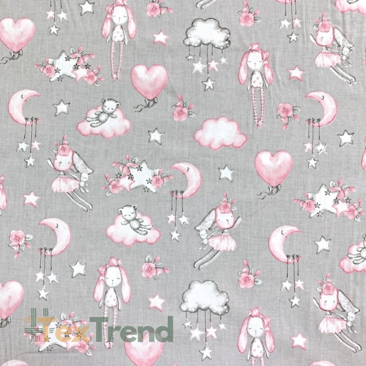 Baumwolle 100% Kuscheltiere rosa auf grauem Hintergrund  