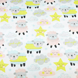 100% Baumwolle Schafe mit Wolken und Sternen auf weißem Hintergrund  