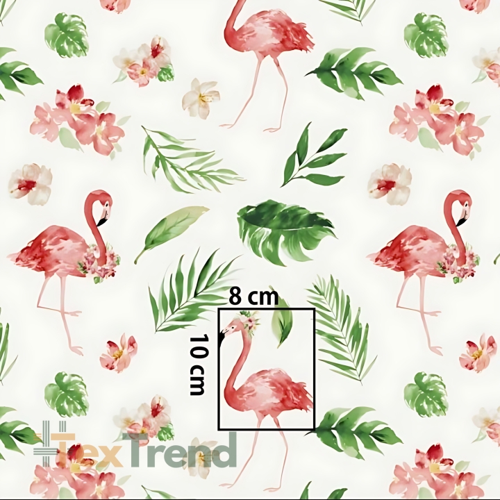 Baumwolle 100% Flamingos mit Kränzen und Blättern auf weißem Hintergrund  
