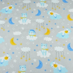 100% Baumwolle schlafende Bären blau-gelb auf hellgrauem Hintergrund  