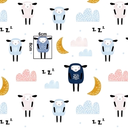 Baumwolle 100% schlafende Schafe mit Monden auf weißem Hintergrund  