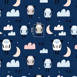 Baumwolle 100% schlafende Schafe mit Monden auf dunkelblauem Hintergrund  