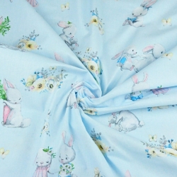 100% Baumwolle verliebte Kaninchen auf blauem Hintergrund  