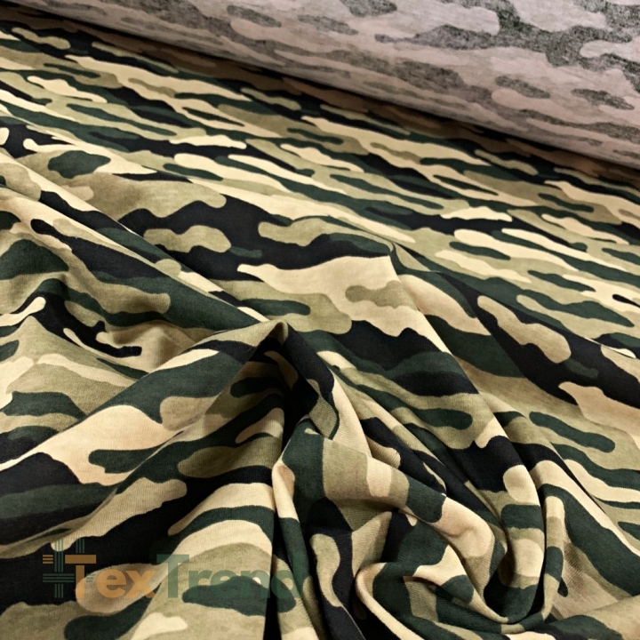 Jersey-Stoff grün-beige Camouflage  