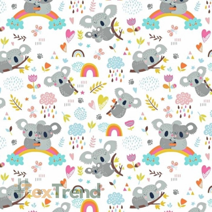 Baumwolle 100% Koala-Bären mit Regenbogen auf weißem Hintergrund  