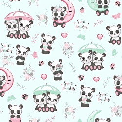 Baumwolle 100% Pandas mit Regenschirm auf mintfarbenem Hintergrund  