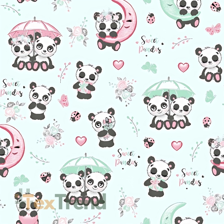 Baumwolle 100% Pandas mit Regenschirm auf mintfarbenem Hintergrund  