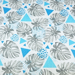 100% Baumwolle - graue Monstera-Blätter mit türkisfarbenen Dreiecken auf weißem Hintergrund  