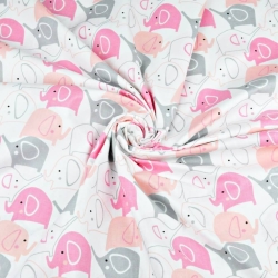 100% Baumwolle Elefanten grau-rosa auf weißem Hintergrund  