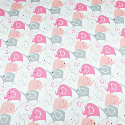 100% Baumwolle Elefanten grau-rosa auf weißem Hintergrund  