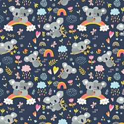 Baumwolle 100% Koala-Bären mit Regenbogen auf dunkelblauem Hintergrund  