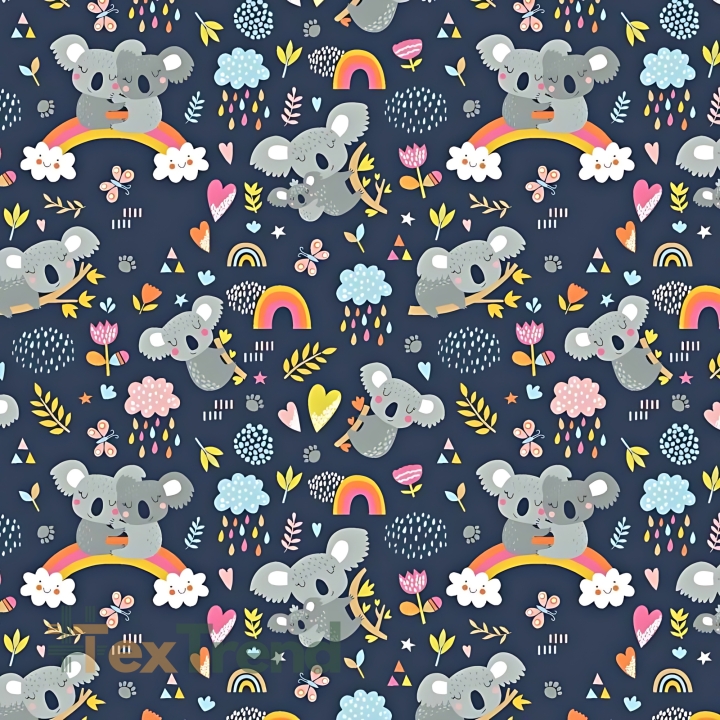 Baumwolle 100% Koala-Bären mit Regenbogen auf dunkelblauem Hintergrund  