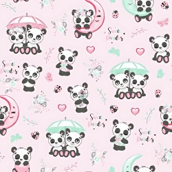 Baumwolle 100% Pandas mit Regenschirm auf rosa Hintergrund  