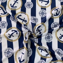 wasserabweisender Stoff maritimes Streifenmuster mit Ankern in weiß-dunkelblau  