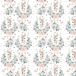 Baumwolle 100% Rehkitze in Kränzen mit Rosen auf weißem Hintergrund  