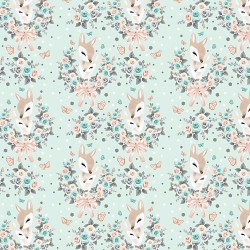 Baumwolle 100% Rehkitze in Kränzen mit Rosen auf mintfarbenem Hintergrund  