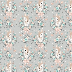 Baumwolle 100% Rehkitze in Kränzen mit Rosen auf grauem Hintergrund  