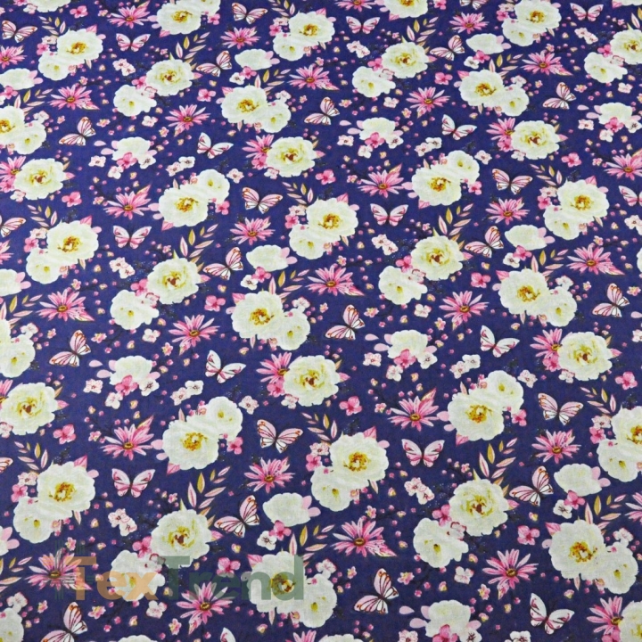 Baumwolle 100% Blumen mit Schmetterlingen auf navyblauem Hintergrund - 220cm  