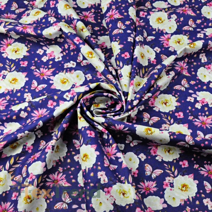 Baumwolle 100% Blumen mit Schmetterlingen auf navyblauem Hintergrund - 220cm  