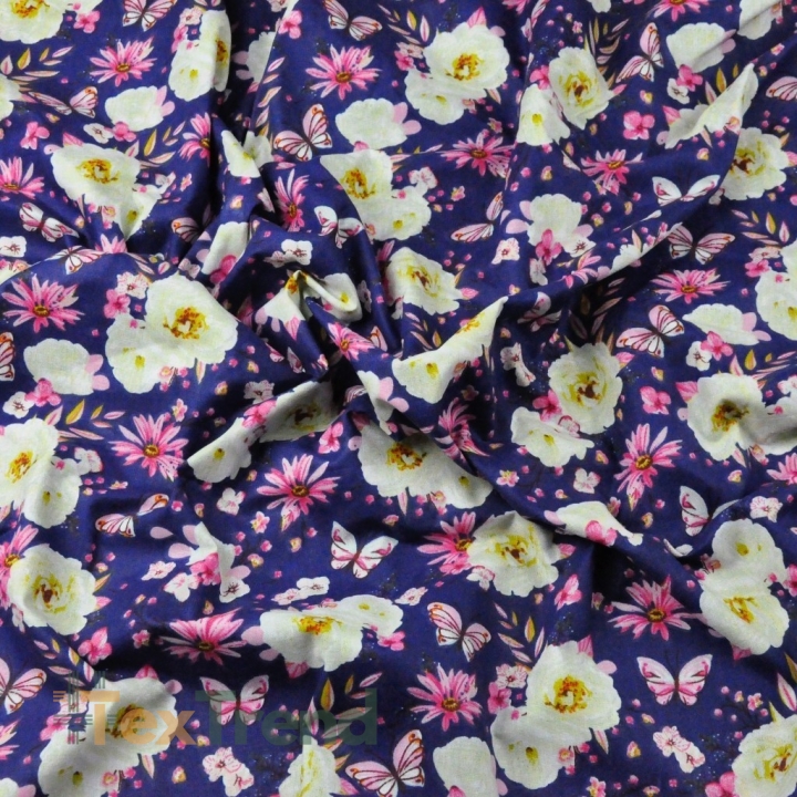 Baumwolle 100% Blumen mit Schmetterlingen auf navyblauem Hintergrund - 220cm  