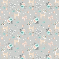 Baumwolle 100% Rehkitze mit Schleifen und Rosen auf grauem Hintergrund  