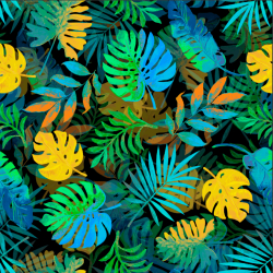 Jersey-Stoff Digitaldruck - blaue, grüne und gelbe Blätter auf schwarzem Hintergrund  