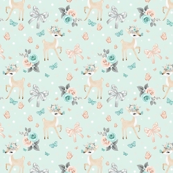 Baumwolle 100% Rehkitze mit Schleifen und Rosen auf mintfarbenem Hintergrund  