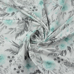 Baumwolle 100% Eustoma Blumen mint-grau auf weißem Hintergrund