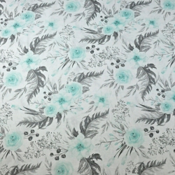 Baumwolle 100% Eustoma Blumen mint-grau auf weißem Hintergrund