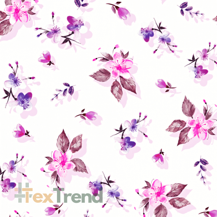 Jersey-Stoff Digitaldruck - blühende Kirschblüten in lila-rosa auf weißem Hintergrund  