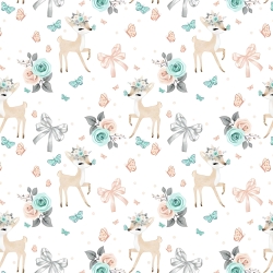 Baumwolle 100% Rehkitze mit Schleifen und Rosen auf weißem Hintergrund  